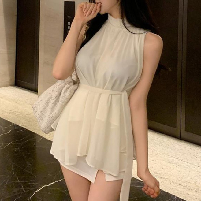 러아카 쉬폰 홀터넥 오프숄더 미니 원피스