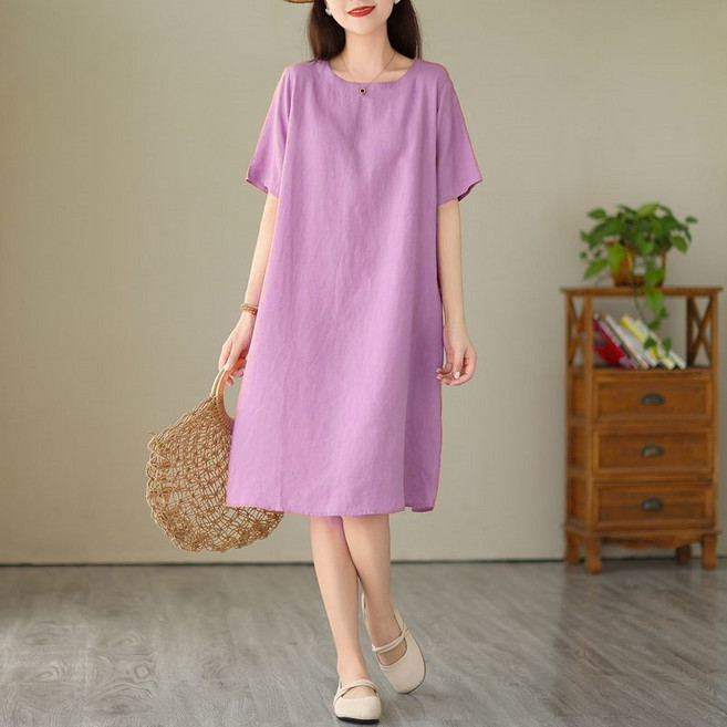 여성 면 마 원피스 봄 여름 심플 솔리드 라운드넥 치마 여자 루즈핏 빅사이즈 린넨 반팔 원피스 WMY
