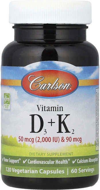 칼슨 비타민D3 플러스 K2 50mcg 2000IU 90mcg 베지캡슐 120정, 1개 - 쿠팡