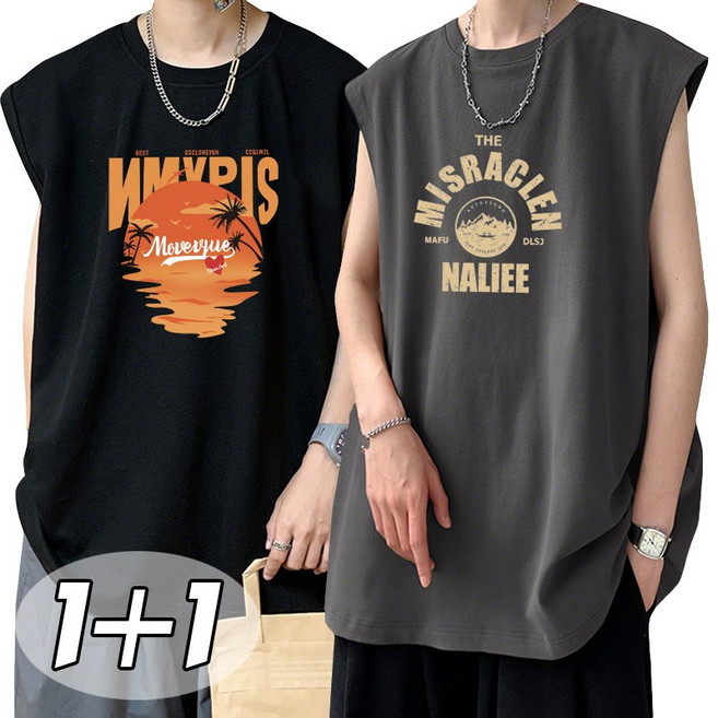 별하늘 [1+1] 남성 나시 순면의 민소매 프린트 냉감 티셔츠