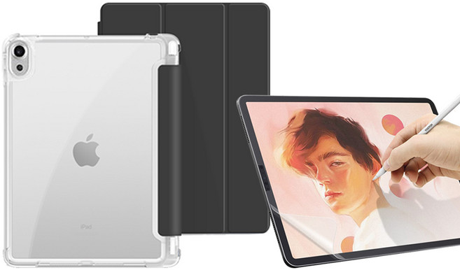 아이패드 애플펜슬 수납 스마트커버 컬러케이스 + 종이질감 필름 1매, 스카이블루+후면투명, 1개