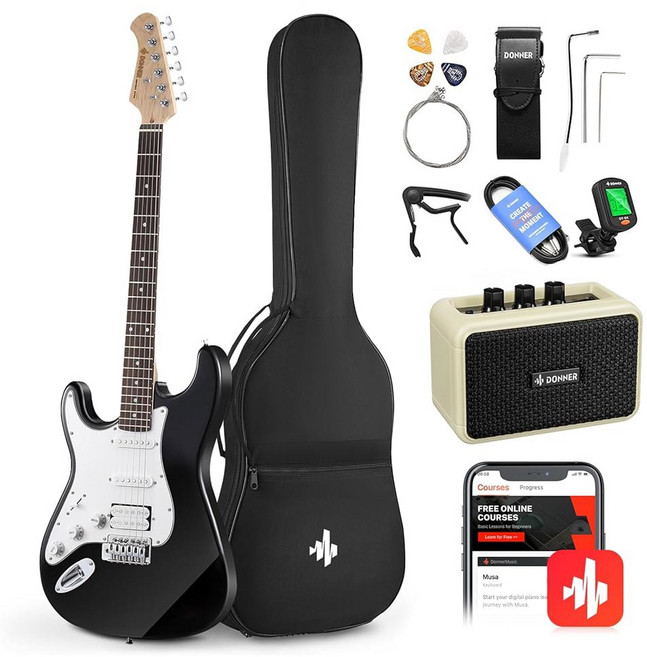 도너 39인치 왼손잡이 일렉트릭 기타 키트 솔리드 바디 블랙 레프티 초보자 세트 풀사이즈 앰프 온라인 레슨 가방 디지털 튜너 카포 스트랩 스트링 케이블 픽 DST-100BL, Sunburst, 39in Left Handed