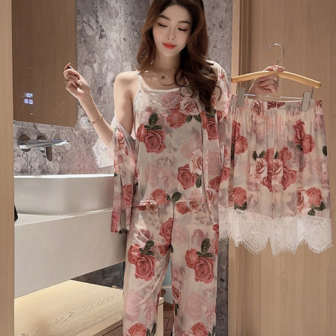 FANSYLI 여성 여름 레이스잠옷 세트 반팔 홈웨어 세트 컴포트 섹시 파자마 4종 세트2601K39