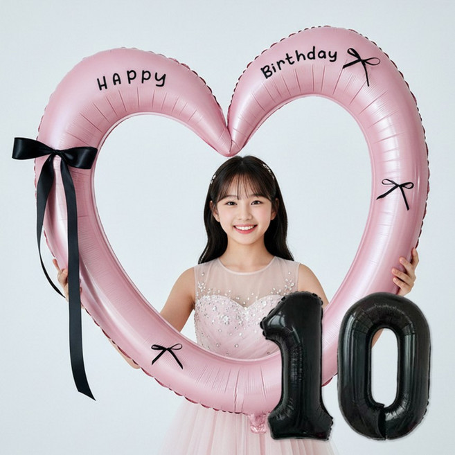 연지마켓 생일 하트프레임풍선 블랙 숫자 생일파티 용품 세트 (자유레터링), 1세트, 핑크하트 숫자 10