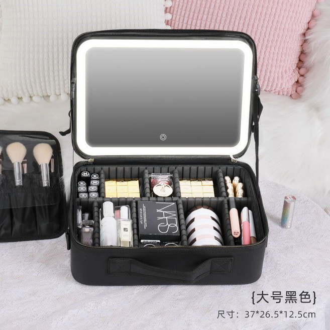 LED化妝箱 手提鏡子化妝包 大容量化妝品收納包, 1個, 大号 氣質黑 全屏镜子+LED灯