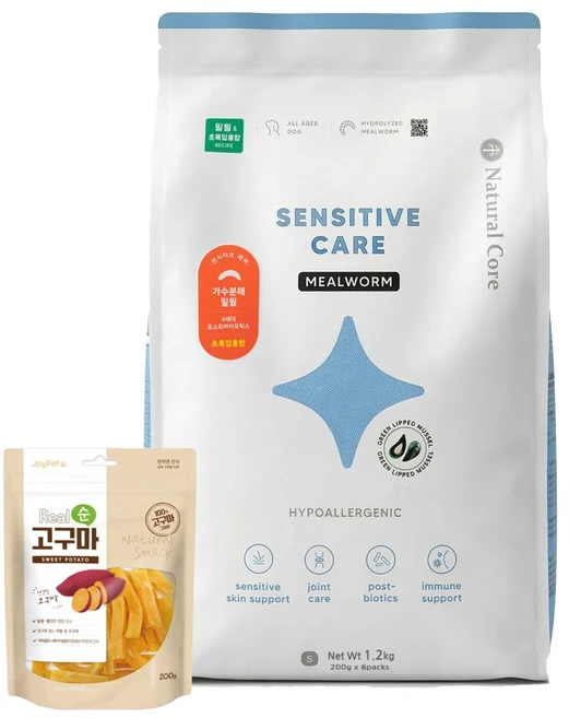 네츄럴코어 센시티브케어 밀웜 작은입자 유기농 알러지 눈물사료 +리얼고구마200g, 1개, 1.2kg, 피부/피모+알러지 - 쿠팡