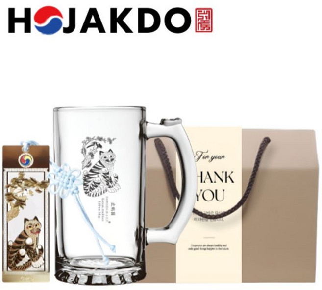 한국전통 까치와호랑이 호작도 글라스 맥주 비어 머그컵 500ml 책갈피 북마크 기념품 pre+6202Uz