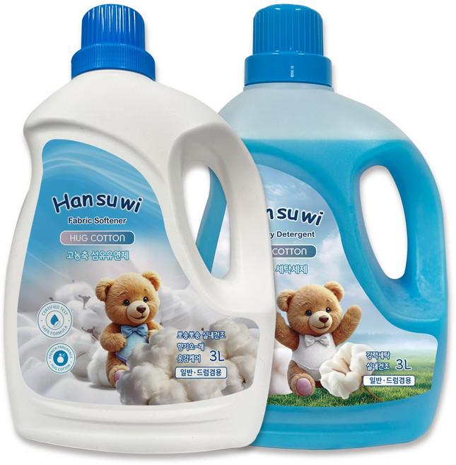 한수위 고급세탁세제 허그코튼 3L + 한수위 고급섬유유연제 허그코튼 3L, 1세트