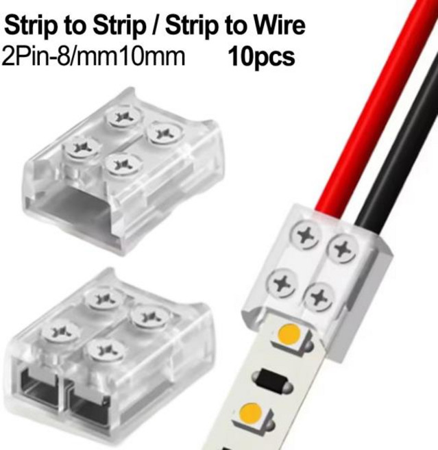 10pcs 2P 8/10MM LED 스트립 커넥터 나사 고정 연결 커넥터 터미널 솔더없는 자체 배선 램프 스트립 커넥터, 02 8mm Strip to Strip, 01 CHINA