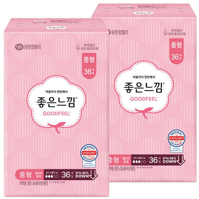 좋은느낌 에어핏 쿠션 울트라 슬림 생리대 날개형, 중형, 36개입, 2개