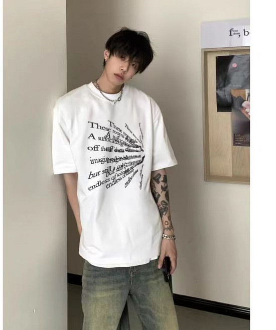 重磅純棉國潮時尚字母印花短袖T恤男潮流港風小衆復古ins, 白色,XL 建議165-175cm/57.5-