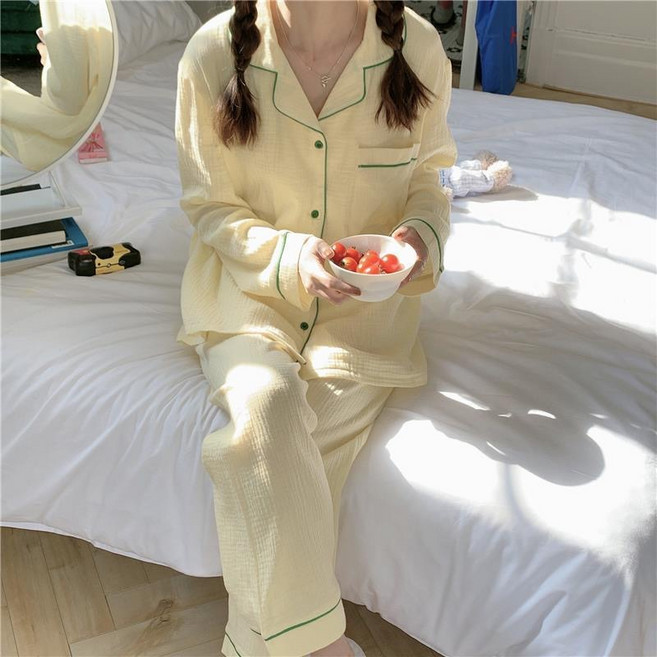 에리르 파자마 여성 봄가을 긴팔 긴바지 카라형 홈웨어 잠옷 세트