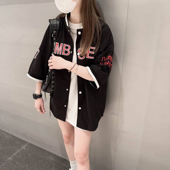 【JES】韓國美式尼龍棒球風球衣短襯衫 撞色字母刺繡運動風情侶款短袖襯衫