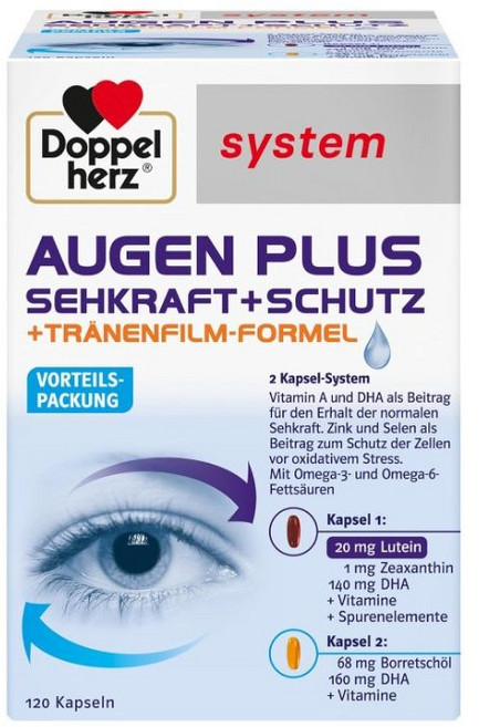 독일 내수용 도펠헤르츠 아이 플러스 비전 프로텍션 루테인 오메가3 눈 영양제 Doppelherz System Eye Plus Vision + Protection, 120정, 1개