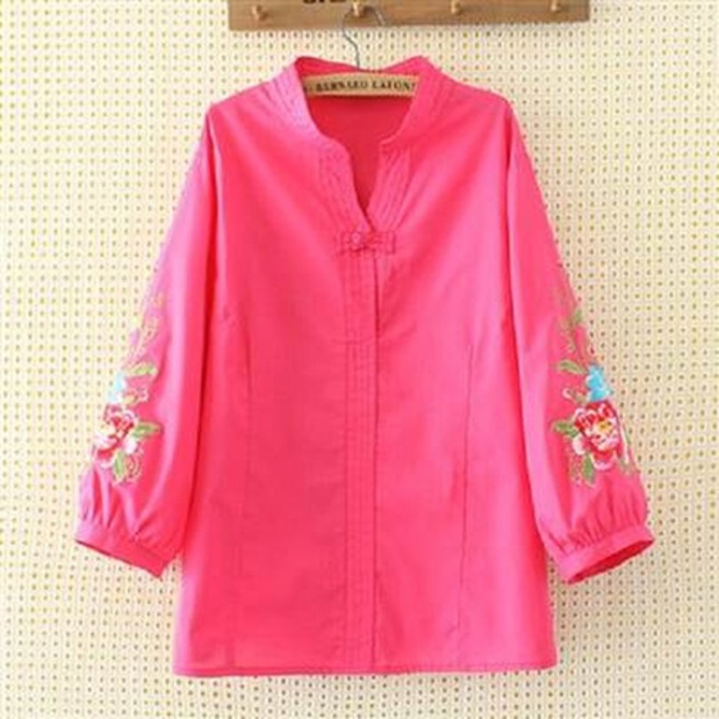 桃紅色長袖刺繡花朵襯衫