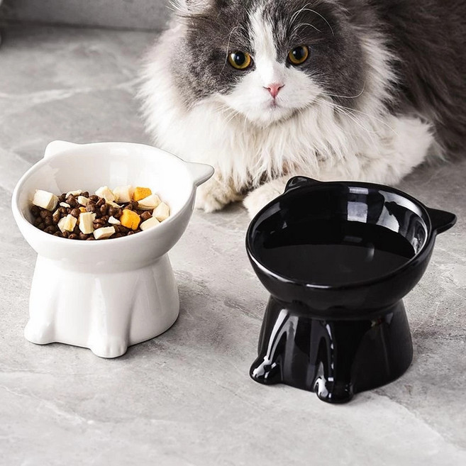 寵物護頸碗陶瓷高腳 貓碗斜口大口徑 貓咪飲水糧食碗, 1個, 拍一發二：黑白顏色隨機