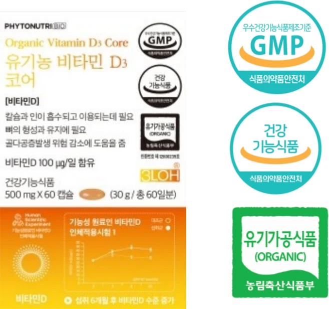유기농 오일 비타민D3 코어 4000IU 파이토뉴트리 500mgx60캡슐, 1박스, 60정 - 쿠팡