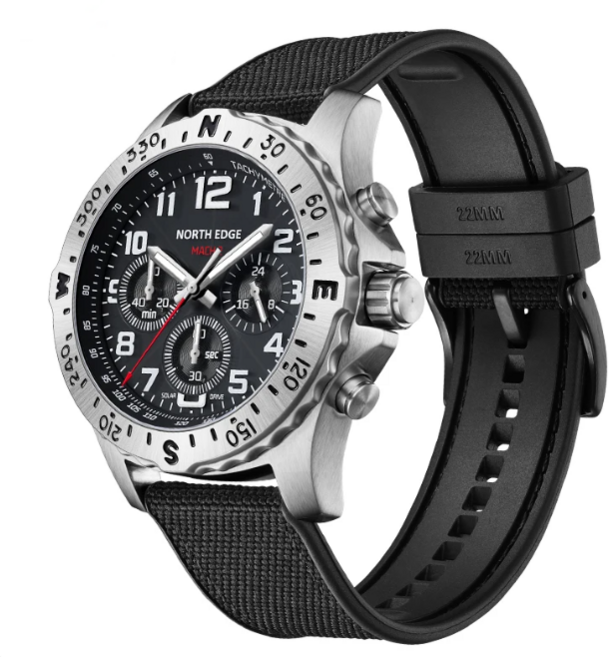 NORTH EDGE 마하2 밀리터리 워치 파일럿 시계 50m방수 태양광 에너지 크로노그래프