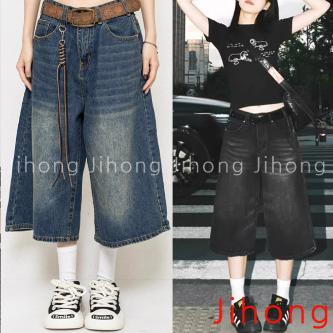 지홍 데님 청바지 7부 통바지 와이드핏 루즈핏 빅사이즈 편안한 배기 빈티지워싱