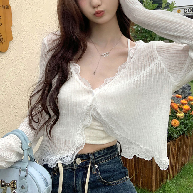 여성 긴팔 가디건 레이스넥 자회선 차단 여름 가디건 H46136