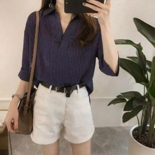 條紋襯衫 V領寬鬆七分袖襯衫女