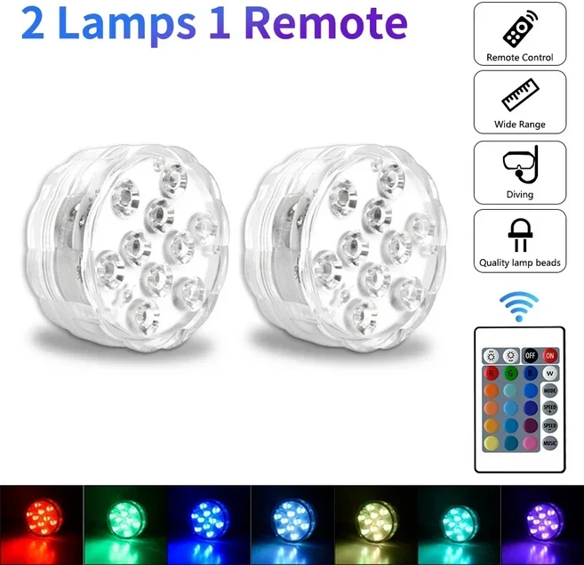 10 LED RGB 수중 조명(자석 흡입 컵 포함) 16색 조명 수조 풀 식물 성장, 01 2 lamps 1 remote