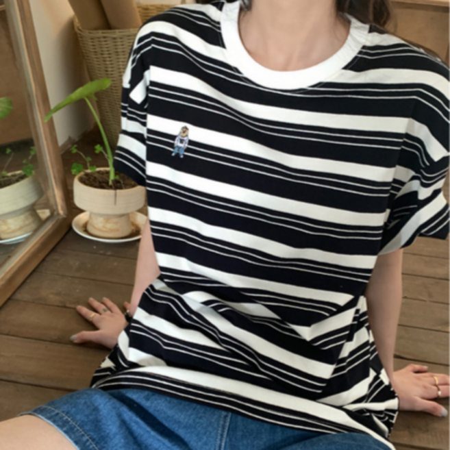 레드에셋 여성용 반팔 티셔츠 곰돌이 자수 스트라이프