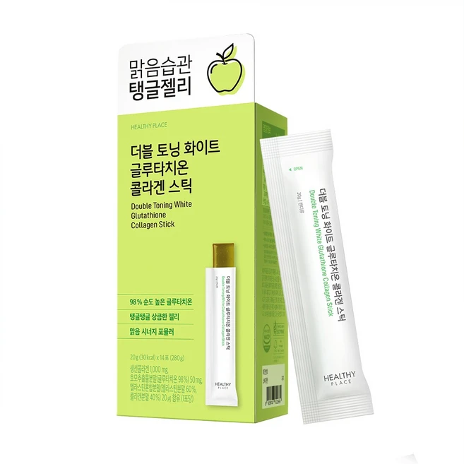 헬시플레이스 더블 토닝 화이트 글루타치온 콜라겐 젤리 스틱 98% 고순도 14포, 1박스, 280g - 쿠팡