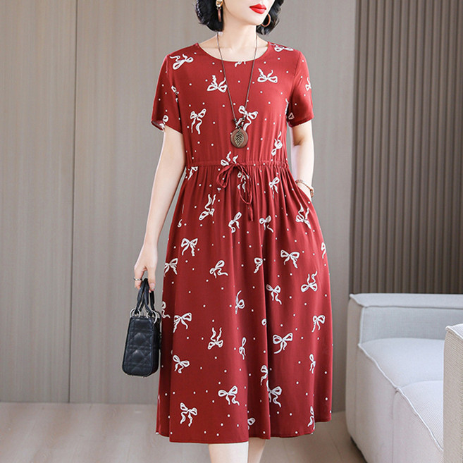 DIU 中老年女棉綢連衣裙40-50歲媽媽裝夏季短袖寬鬆中長款棉裙子, 2XL 建議105-120斤
