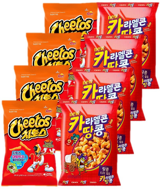 롯데 크라운 스낵모음 치토스 바베큐 82gx4개+카라멜콘땅콩 72gx4개 (총8개), 1세트, 616g