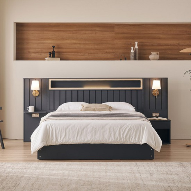 모나코 원목 편백나무 조명 평상형 침대프레임 Q/K (퀸/킹 공용), 진그레이, 침대프레임+협탁패널1EA