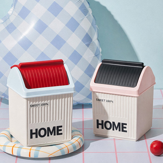 이지몰 HOME 레터링 탁상용 미니 휴지통 스윙 뚜껑 쓰레기통, 블랙