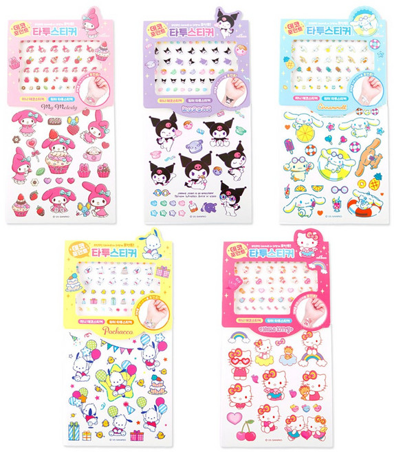 산리오 캐릭터 데코 포인트 타투 스티커 5P 세트 (중복없음), 시나모롤+쿠로미+마이멜로디+포차코+헬로키티