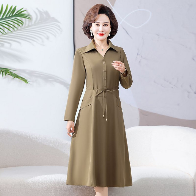 중년 여성용 미디 원피스 봄 가을 우아한 긴팔 셔츠 드레스 스타일리시 벨트 디자인 JS