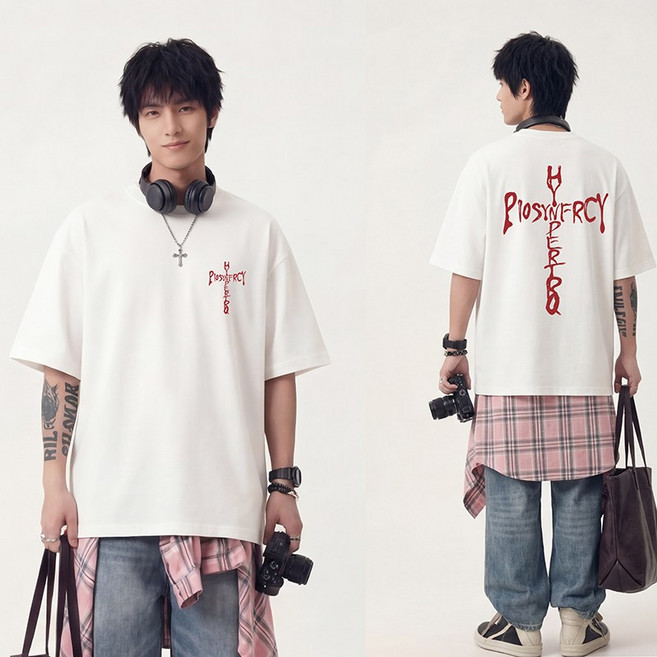 훌룰루 남성용 오버핏 프린팅 반팔티 캐주얼 박스티 T108