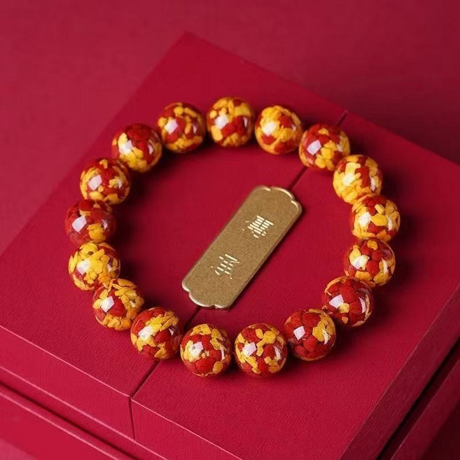 天然硃砂透光晶體雄黃雙彩手串，本命年燙金手鏈，男女適用禮物批發