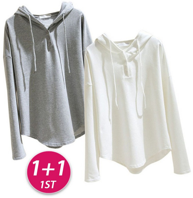 1+1 여성 봄 가을 베이직 버튼 포인트 긴팔 후드 티 풀오버 무지 맨투맨 루즈핏 후디 캐주얼 데일리 간절기 스트랩 이너 후드 [2장 묶음]