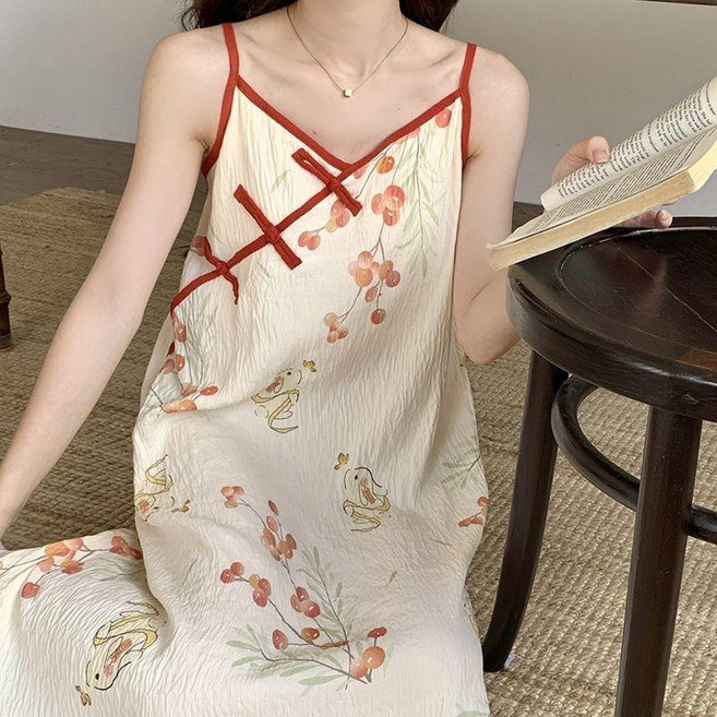 純棉中式國風弔帶睡裙女，帶胸墊中長款家居服