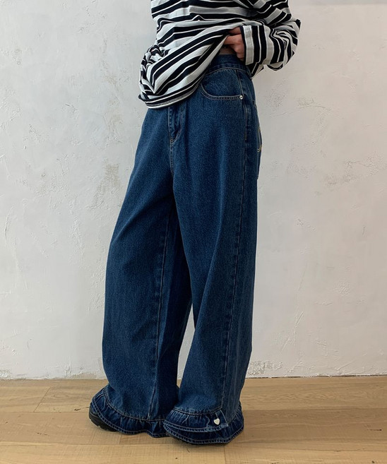 RONRON FRILL HEM 와이드 데님 팬츠 MEDIUM 블루