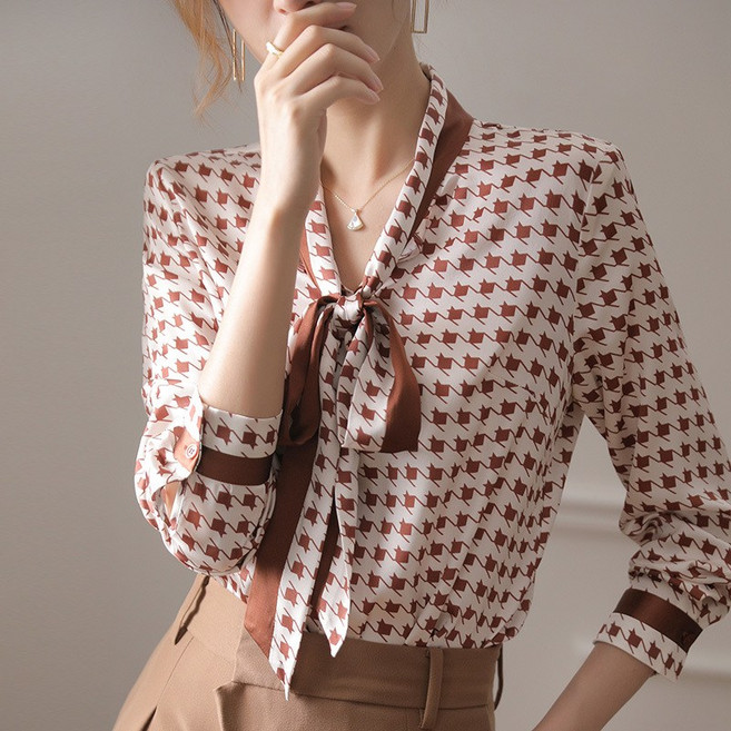 COSYEVNO 여성 텐셀 셔츠 가을 빅사이즈 패션 리본 넥타이 체크 긴팔 상의 lyjcs17