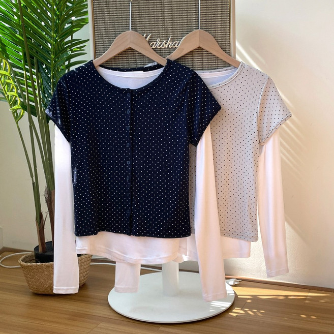 [디아미뇽] 베뉴 라운드넥 도트 반팔 가디건 무지 긴팔티 레이어드 세트