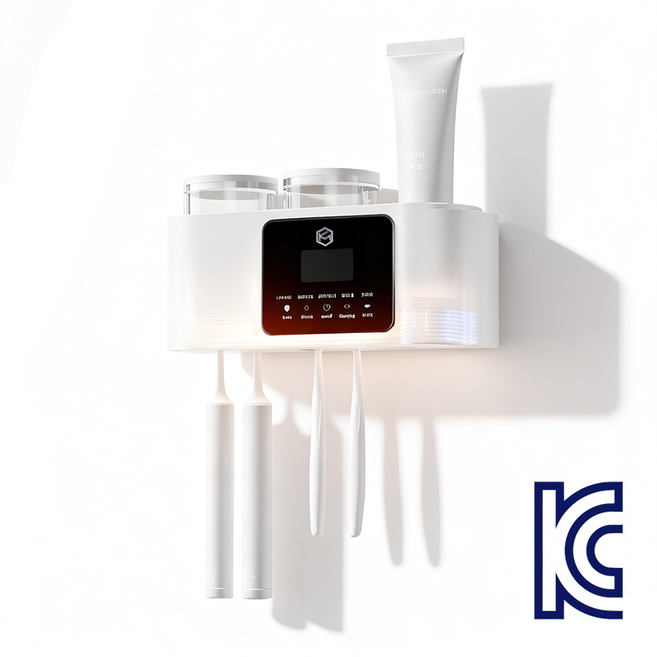 케이엠 무타공 설치 스마트 무선충전 가정용 살균 건조 양치컵세트 칫솔살균기, 화이트, 4구+2컵
