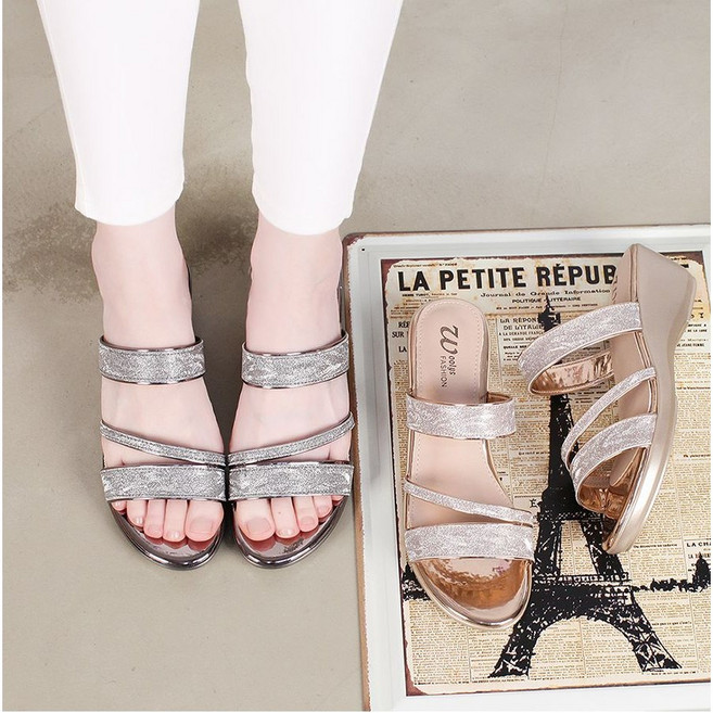 [슈즈팜] 블링블링 글리터 스트랩 웨지 펄 슬리퍼 NKW0317 웨지힐 뮬 4.5cm굽