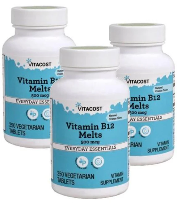 비타코스트 비타민B12 500mcg 멜트 녹여먹는 오렌지맛 타블렛 Vitacost Vitamin B-12 Melts, 3개, 250정 - 쿠팡