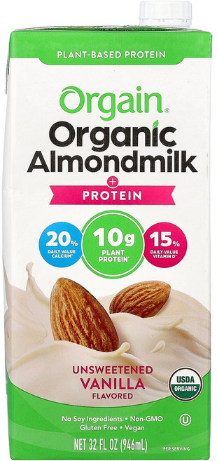 Orgain 식물성 성분 유기농 아몬드 우유 + 단백질 무가당 바닐라 946ml(32fl oz) Orgain (올게인), Orgain, 식물성 성분, 유기농 아몬드 우유 + 단, 1개, 946ml