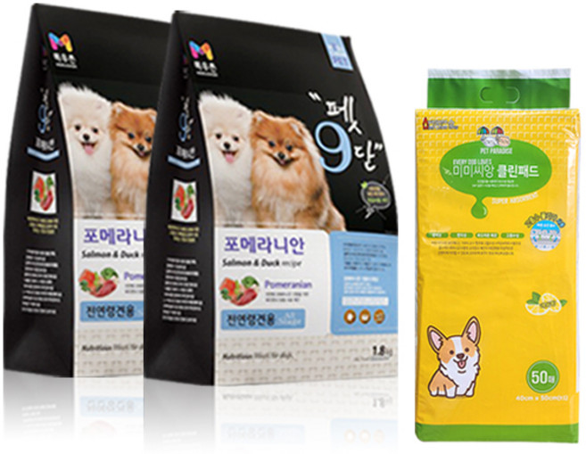 목우촌 펫9단 포메라니안전용사료(1.8kg) 2개 + 미미씨앙 클린 강아지패드 50p 1개