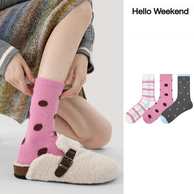 Hello Weekend 여성 양말 귀여운 땡땡이 양말 겨울 수면 양말 수면 양말 임산부 무압박 장목 양말 중목 양말 두꺼운 보온 방한용품 다리 보온대 코랄벨벳 양말 3족 세트