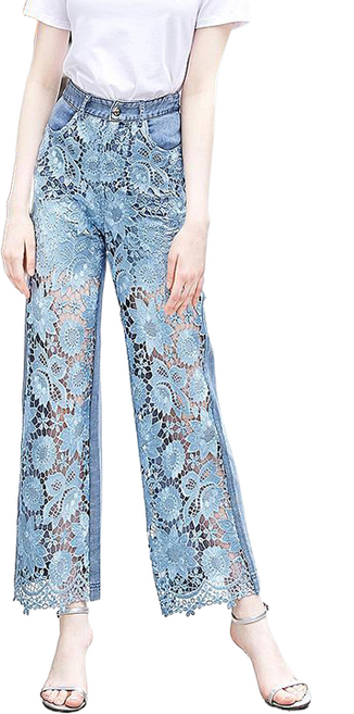 셀럽당 여자 바지 하이웨이스트 와이드 팬츠 펀칭 레이스 청바지 와이드 통바지