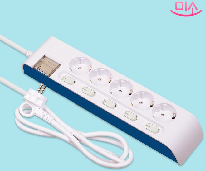 국산 현대 개별 절전+과부하차단 콘센트 멀티탭 5구, 1.5m, 화이트, 1개