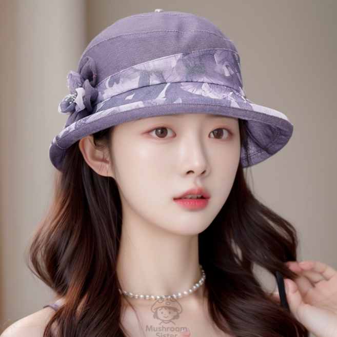 버섯언니 H21 꽃무늬 코사지 60대 예쁜 엄마 중년 챙모자 둥근챙 벙거지